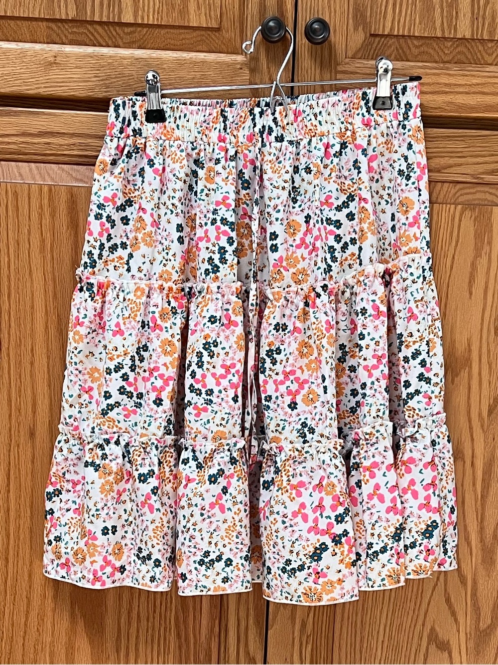 SHEIN Floral Tiered Midi Skirt - White with Pink & Mustard, EUC, Size L